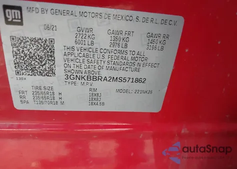 2021 Chevrolet Blazer Fwd 1Lt из США, поврежденный, VIN 3GNKBBRA2MS571862